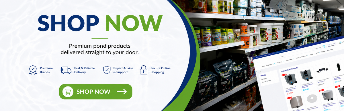 Promotional banner for pond products with the text 'SHOP NOW' on a white and green curved shape, alongside a photo of store shelves stocked with products and a computer screen showing product listings.